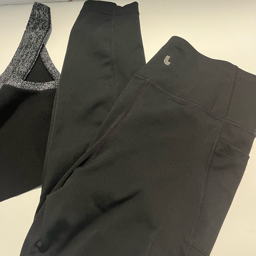 Lole Leggings/yoga pant and New Black Halter top with Silver Trim